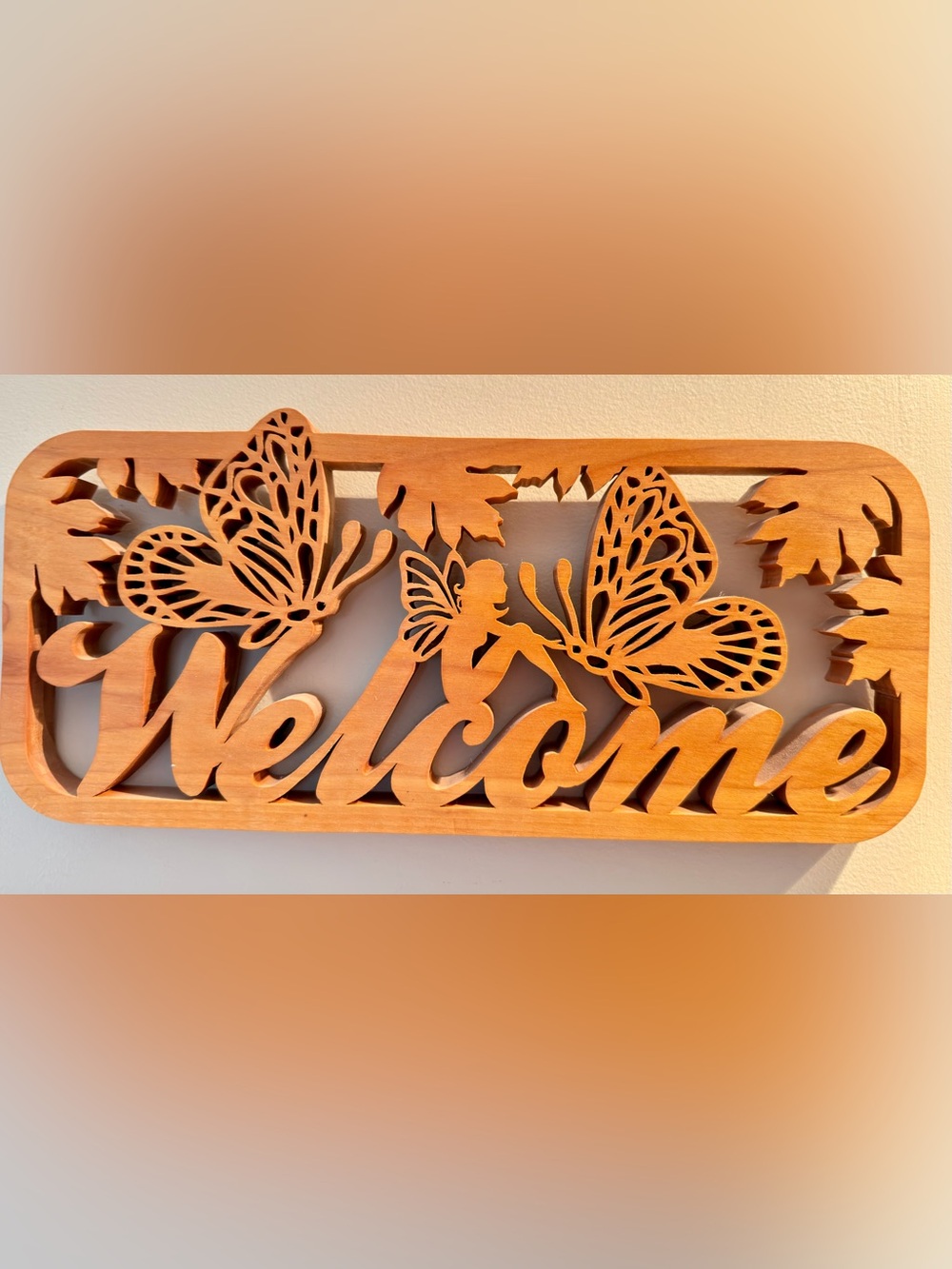 Vintage Carved Fairy & Butterfly Welcome Wall Sign